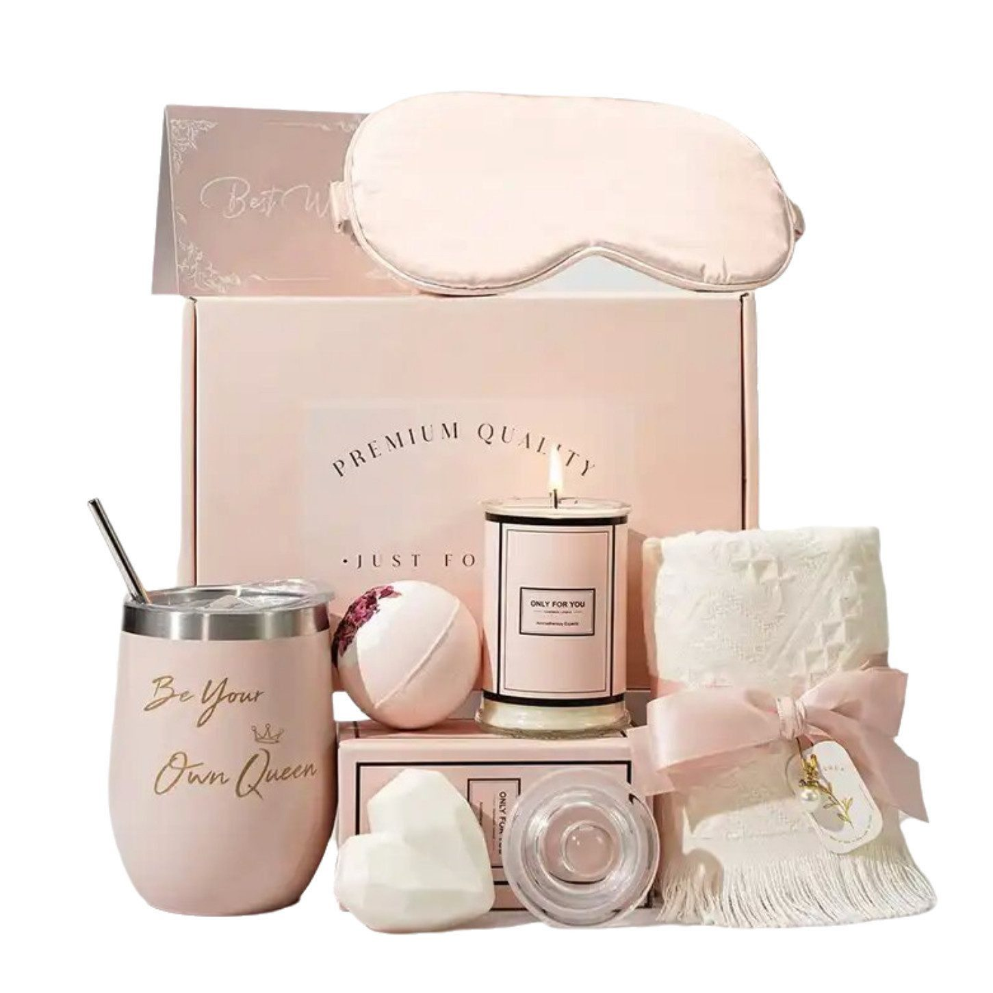 Rosa Geschenkbox mit verschiedenen Gegenständen. Rosa Becher, Kerze, Badebombe, Augenmaske usw.