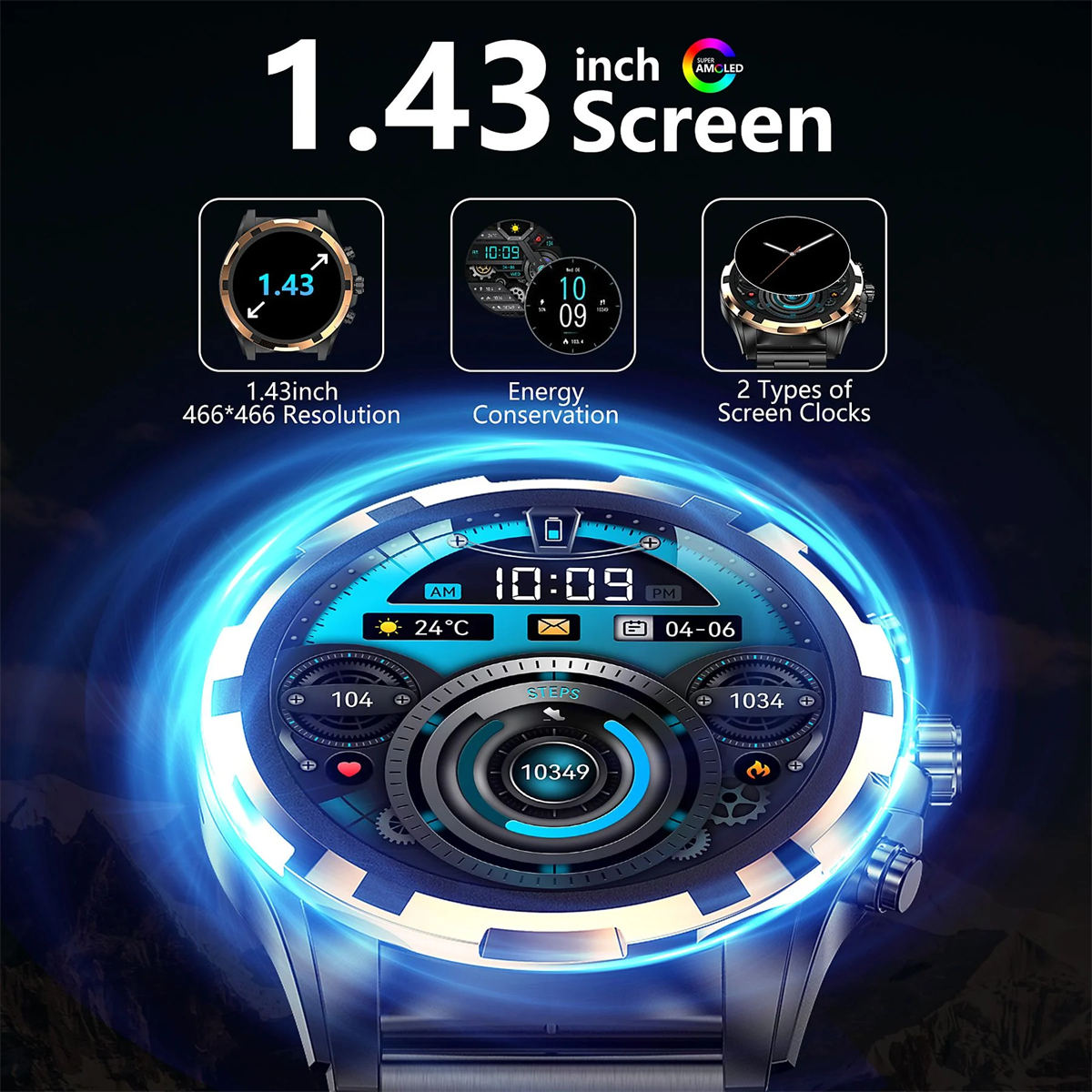 Eine Smartwatch mit blauem und silbernem Display. Zeigt Uhrzeit, Datum und Gesundheitsmetriken an, mit drei kleinen Zifferblattbildern.