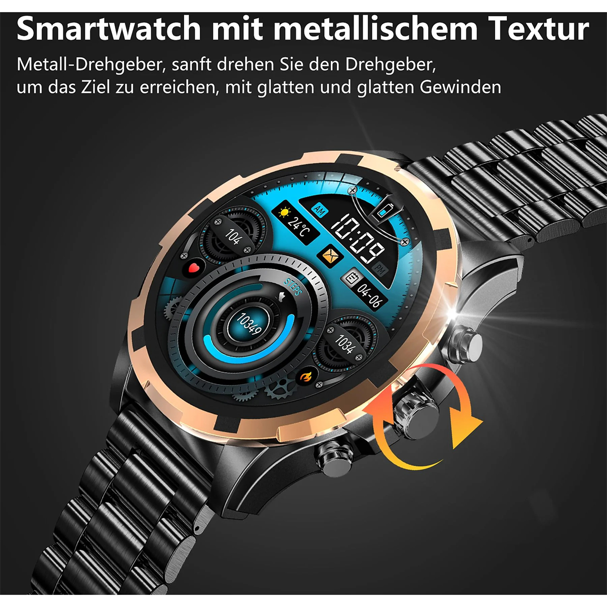 Nahaufnahme einer Smartwatch mit metallischer Textur, zeigt Zeit und Daten auf dem Bildschirm.