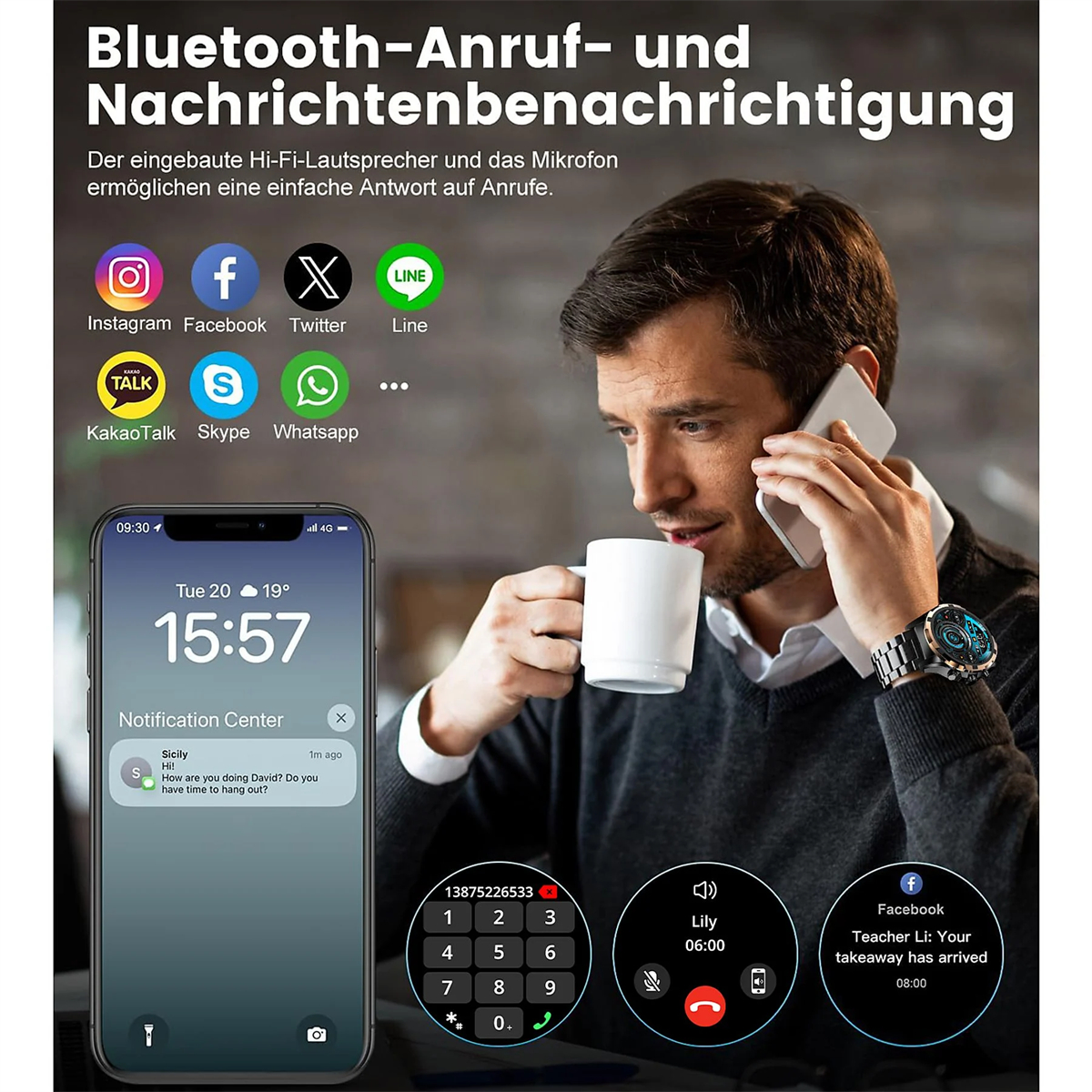 Mann benutzt Telefon, Smartwatch am Handgelenk. Zeigt Apps, Benachrichtigungen und Tastatur.