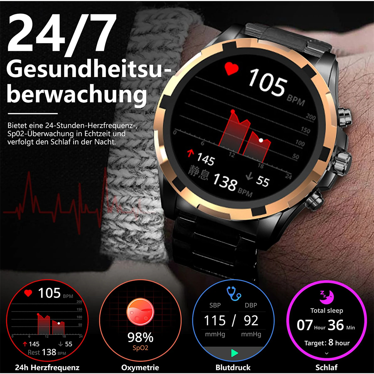 Smartwatch, das Gesundheitsdaten anzeigt, einschließlich Herzfrequenz, SpO2 und Schlafanalyse.