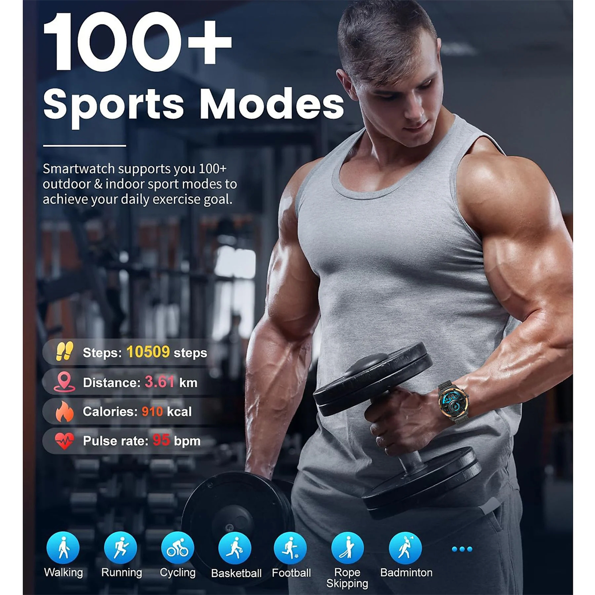 Mann mit Gewichten und Smartwatch. Fitnessdaten werden angezeigt. Fitnessstudiohintergrund.