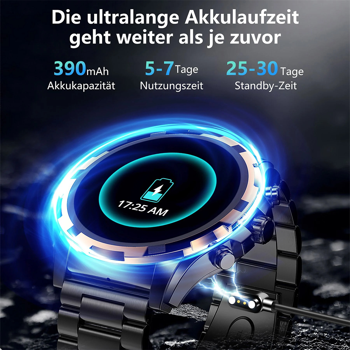 Ein Smartwatch-Bildschirm, der Batterieinformationen anzeigt. Text: 390 mAh Akku, 5-7 Tage Nutzung, 25-30 Tage Standby.