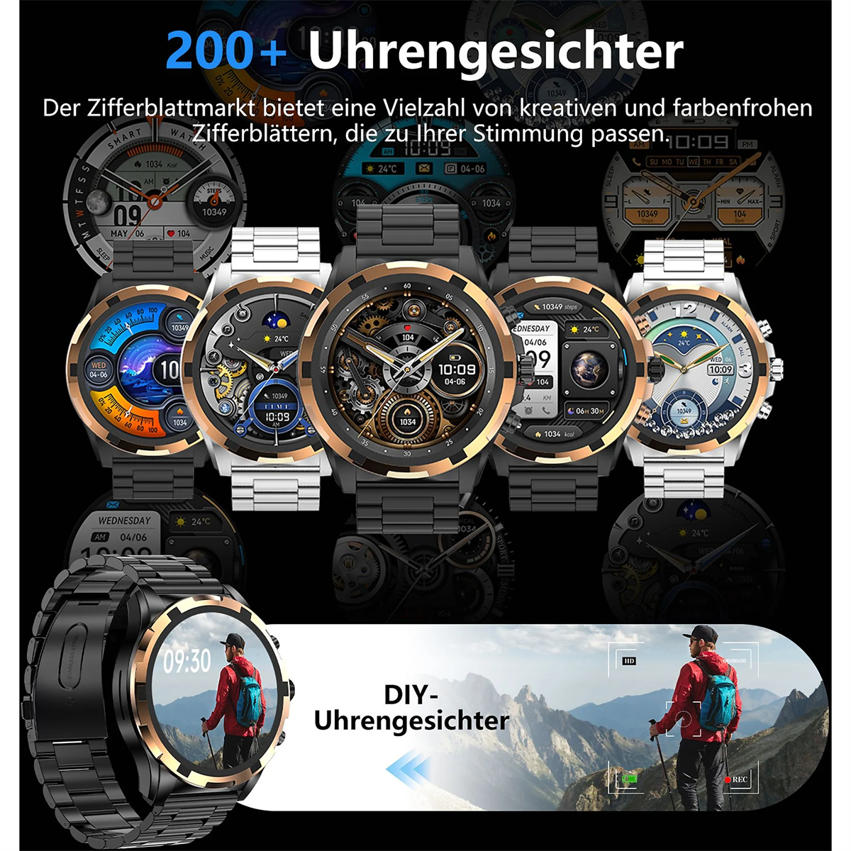 Verschiedene Smartwatches mit unterschiedlichen Zifferblättern und ein Mann in roter Jacke.