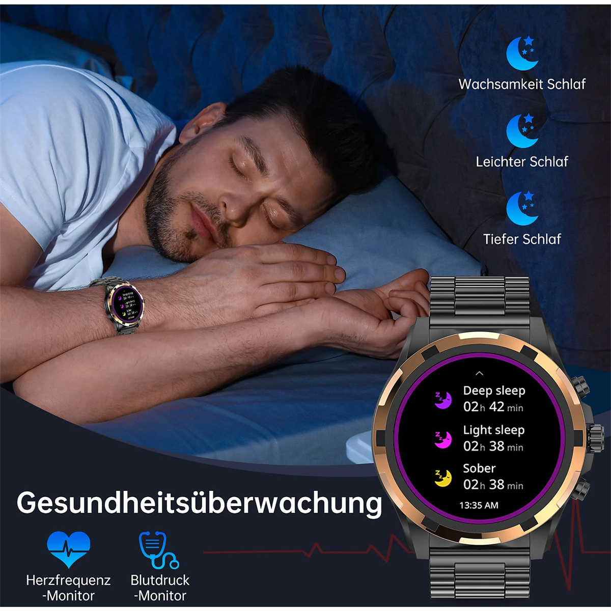 Ein Mann schläft, während eine Smartwatch Schlafdaten anzeigt, einschließlich Tief-, Leicht- und Wachzeiten.