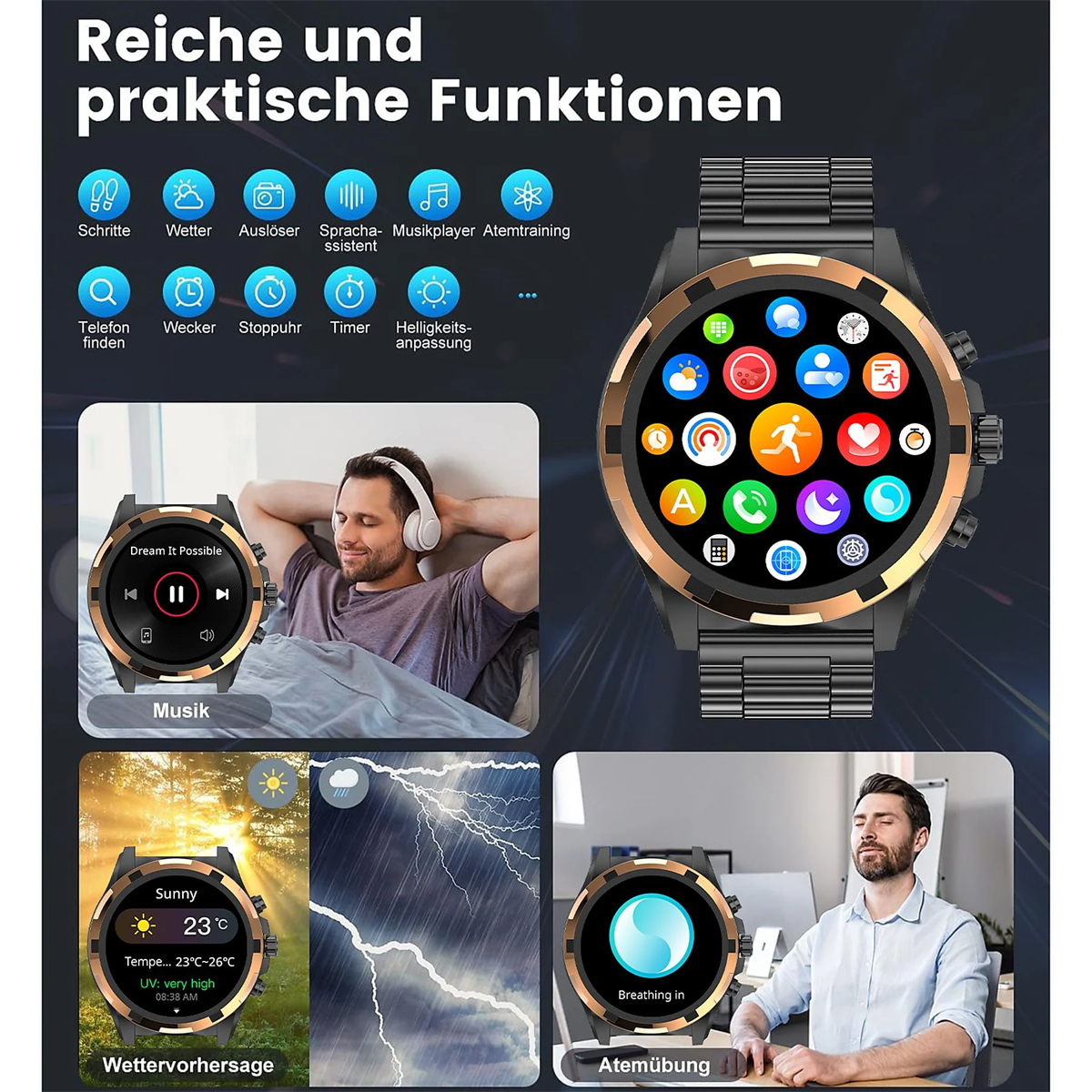 Smartwatch mit mehreren Displays und Informationen.