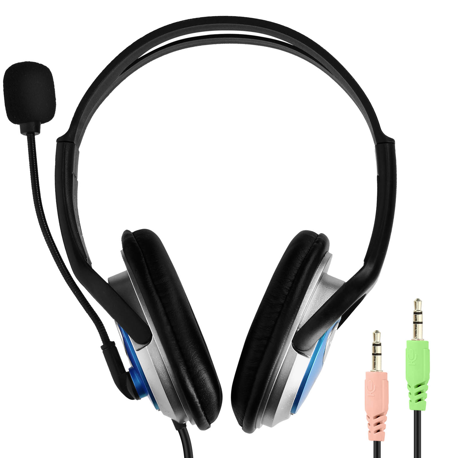 Casque avec un microphone et deux prises audio, rose et vert. Schéma de couleurs noir et bleu.