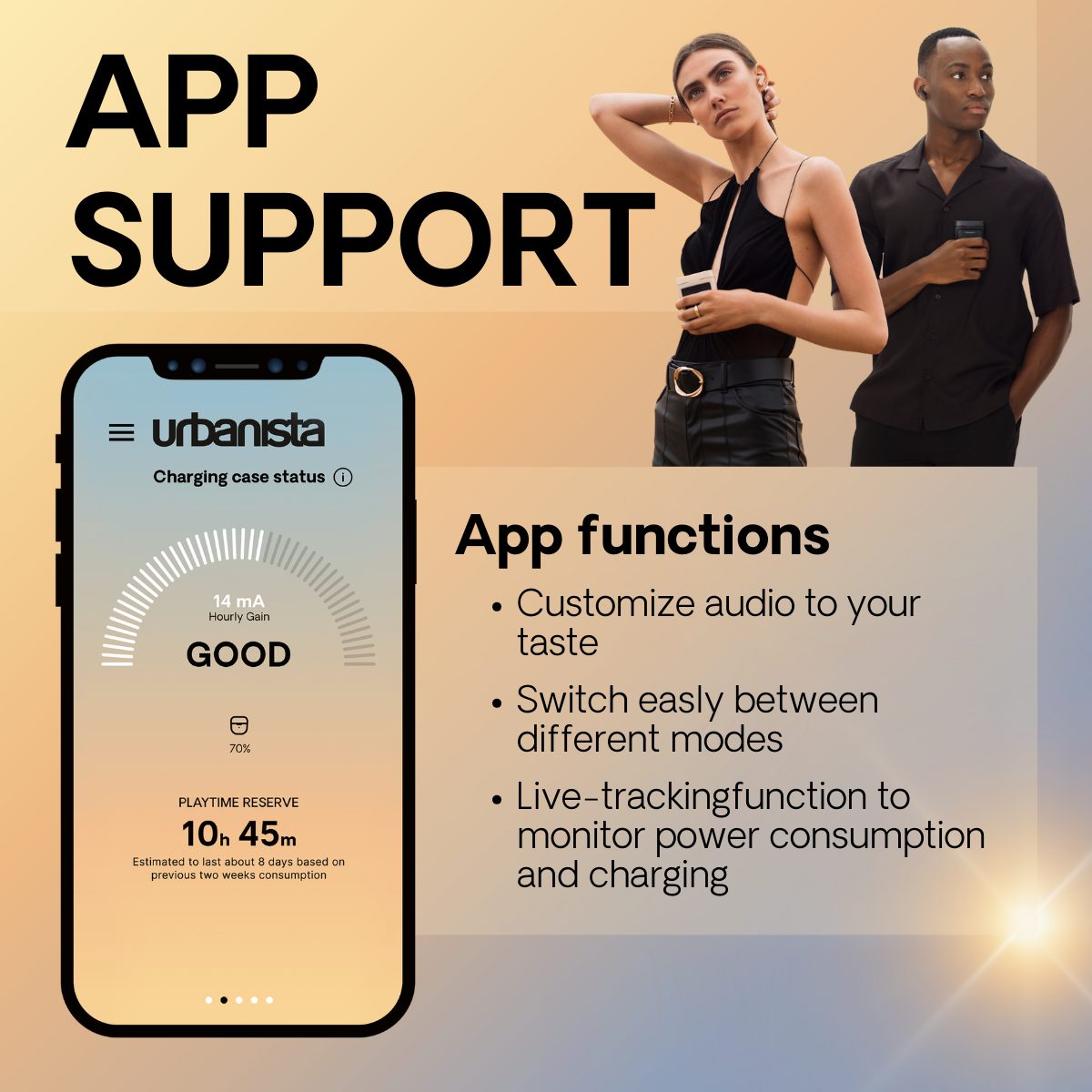 Kobieta i mężczyzna ze słuchawkami, patrzący na telefon pokazujący funkcje aplikacji, z opisami tekstowymi.