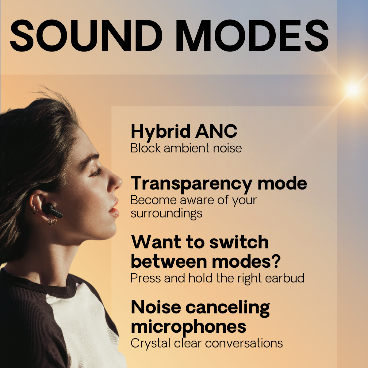 Kobieta w słuchawkach z opcjami trybu dźwięku. Tekst po prawej stronie.