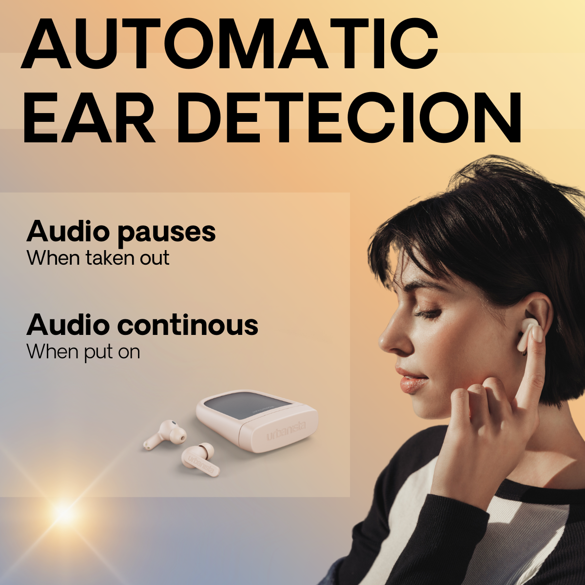 Kobieta nosi słuchawki, z tekstem o wstrzymywaniu i wznawianiu odtwarzania dźwięku podczas użytkowania.