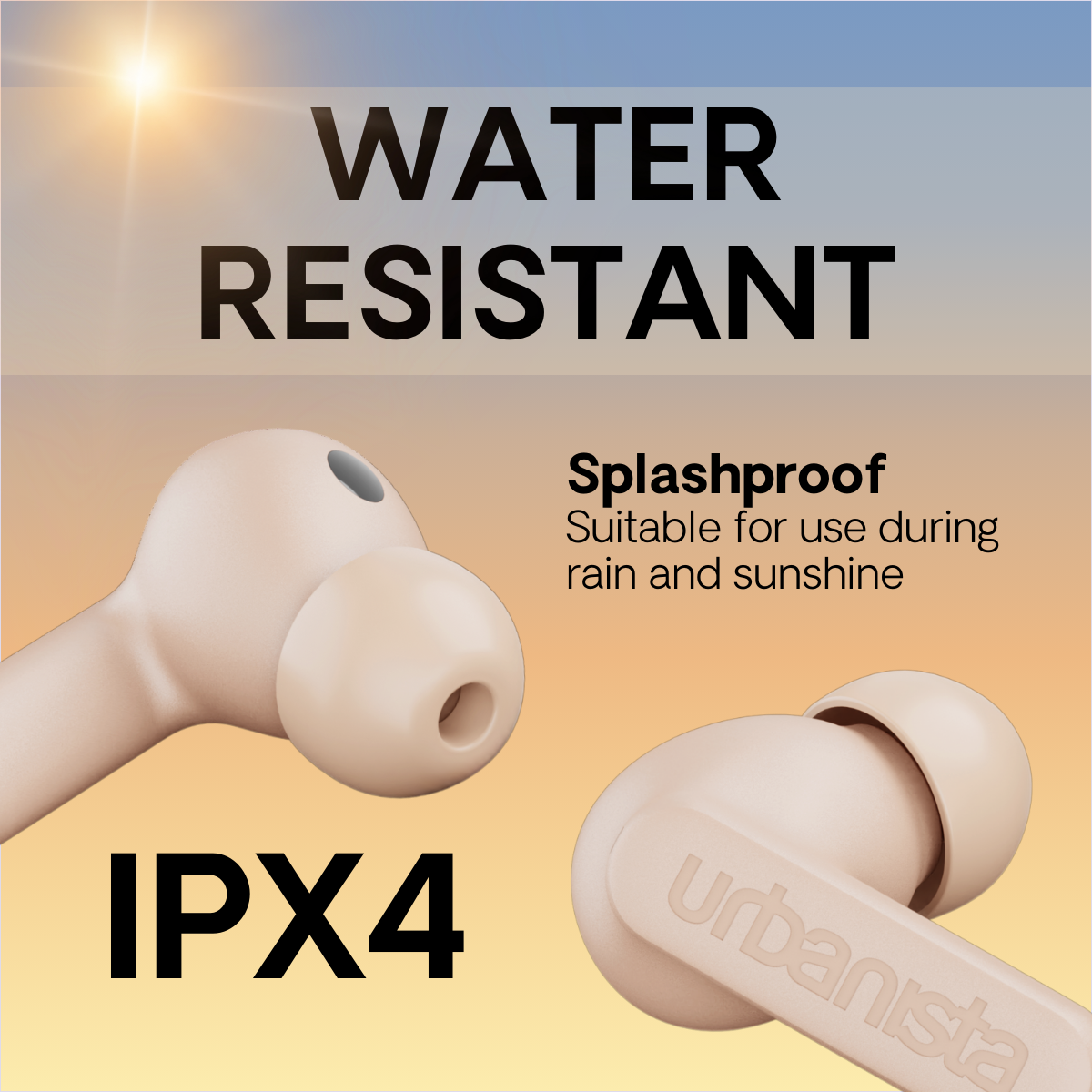 Dwa beżowe słuchawki douszne z tekstem 'Water Resistant' i 'PX4'.