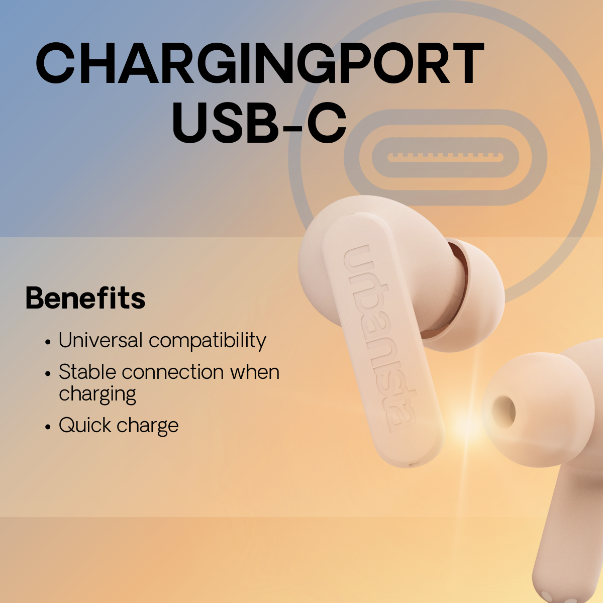Kabellose Ohrhörer mit dem Wort 'urbanista' und Text, der Vorteile beschreibt. USB-C-Ladeanschluss sichtbar.