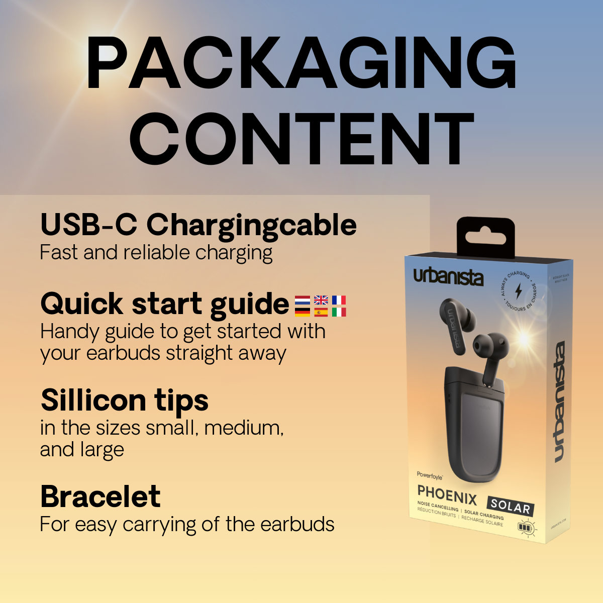 Contenido del embalaje: cable USB-C, guía de inicio rápido, puntas de silicona y pulsera.