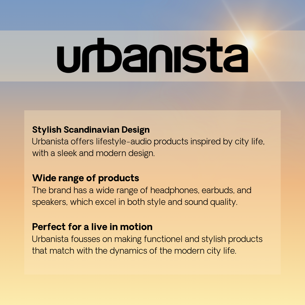 Urbanista logo. Text below describes Stylish Design, Wide range of products, and Perfect for motion.
