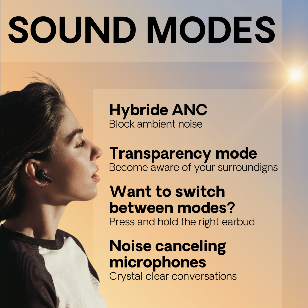 Kobieta w słuchawce. Tekst o trybach dźwięku: ANC, przejrzystość i sterowanie.