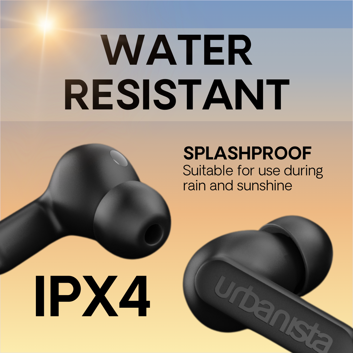 Czarne bezprzewodowe słuchawki douszne z logo 'urbanista'. Tekst głosi 'Wodoodporny' i 'Odporny na zachlapania'. Słuchawki są czarne.