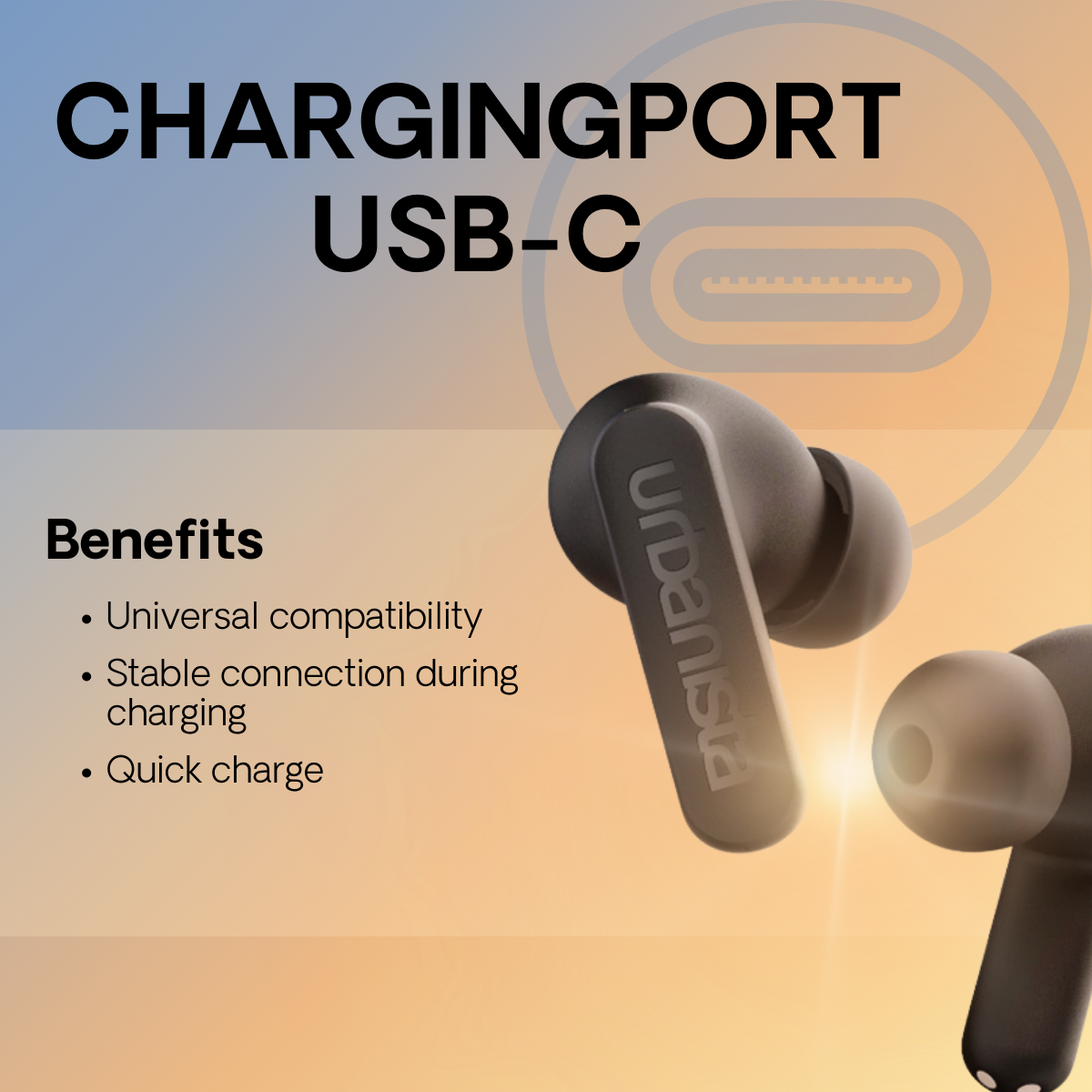 Schwarze Ohrhörer mit dem Markennamen 'urbansa' und USB-C-Ladeanschlussbeschreibung.