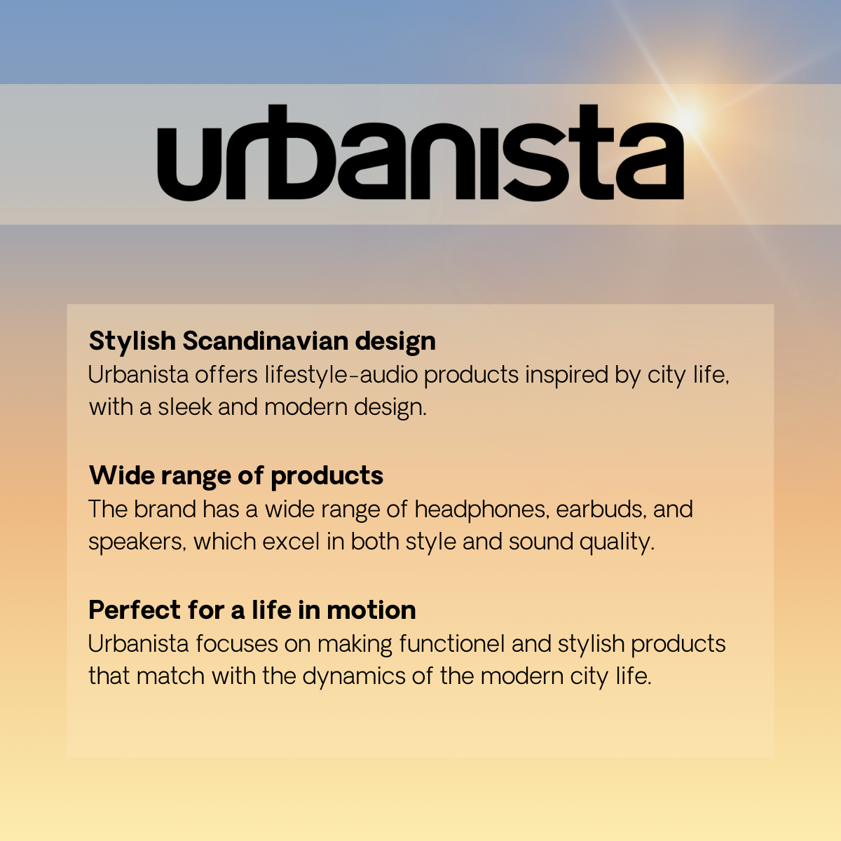 Text with the brand name 'urbanista'. Text describes stylish design, products, and life in motion.