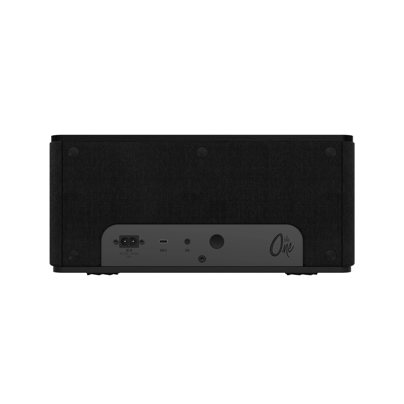 Zwarte audiospeaker, achteraanzicht, met stroom-, USB- en AUX-poorten. Tekst: The One.