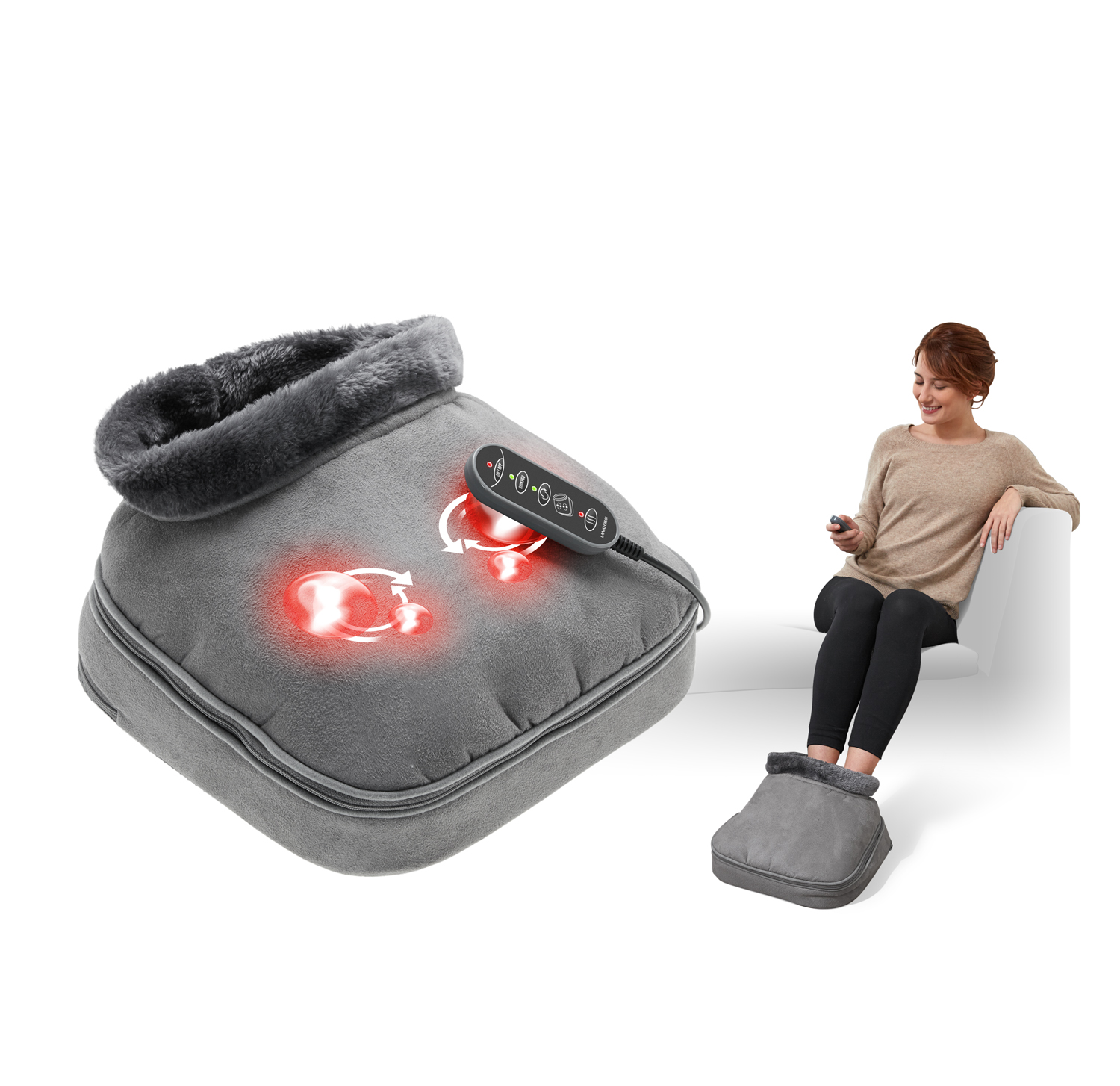A woman using a foot massager with red lights, seated on a chair, wearing a sweater and black pants.