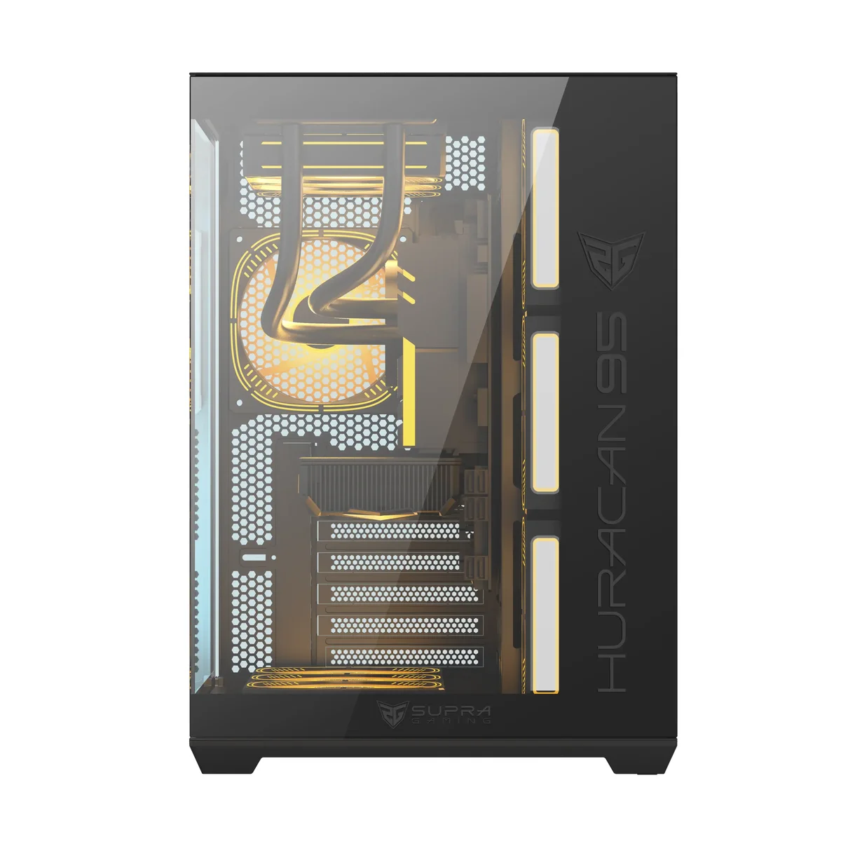 Case per computer nero con componenti interni visibili. Il pannello laterale trasparente rivela luci e componenti. Marchio visibile.