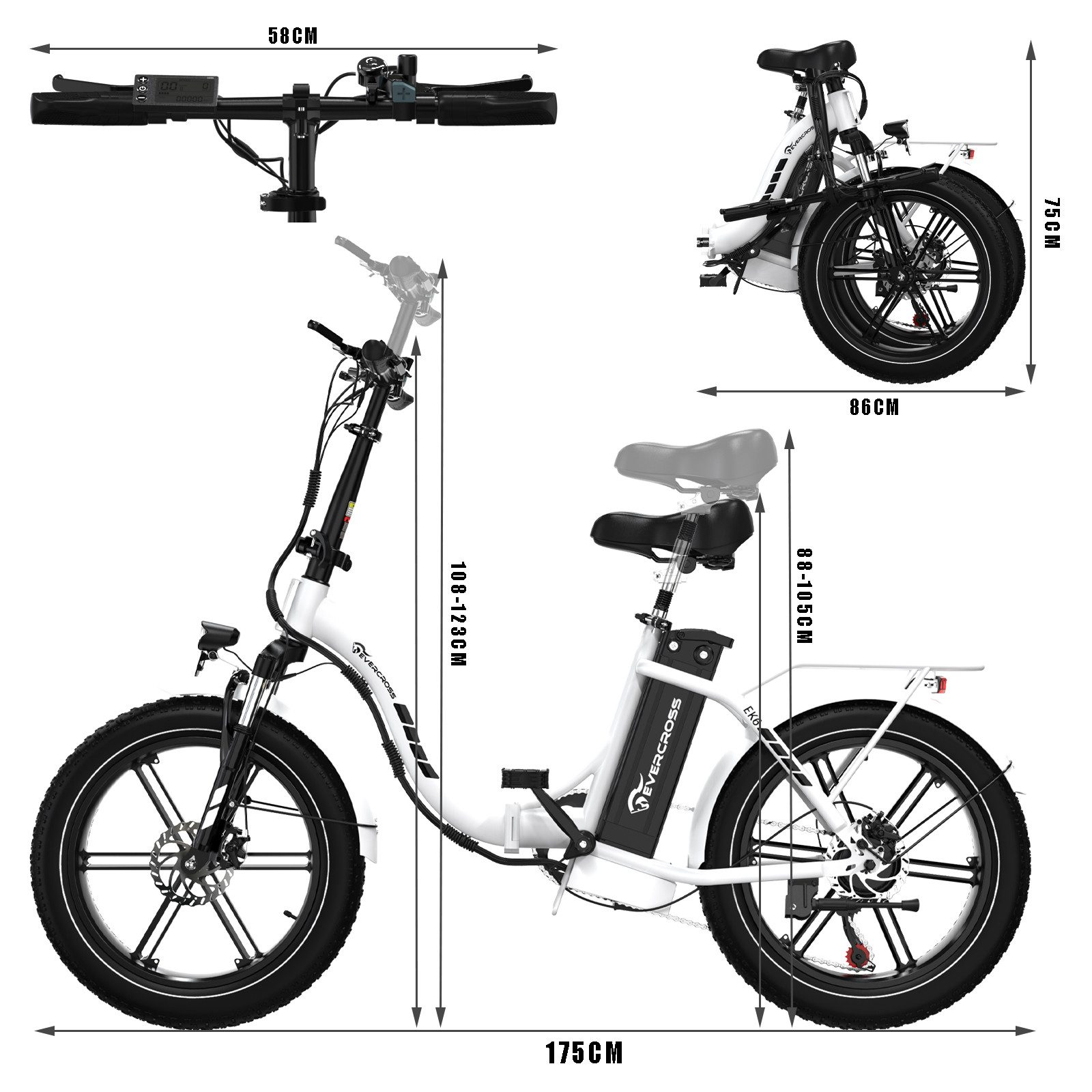 Una bicicleta eléctrica blanca con dimensiones. Es un modelo plegable con manillar y asiento.