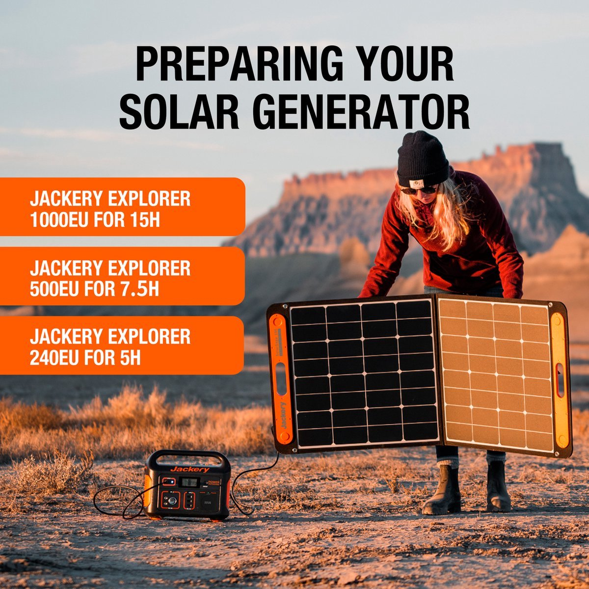 Donna con pannello solare. Testo: Preparare il tuo generatore solare. Modelli Jackery Explorer e statistiche energetiche.