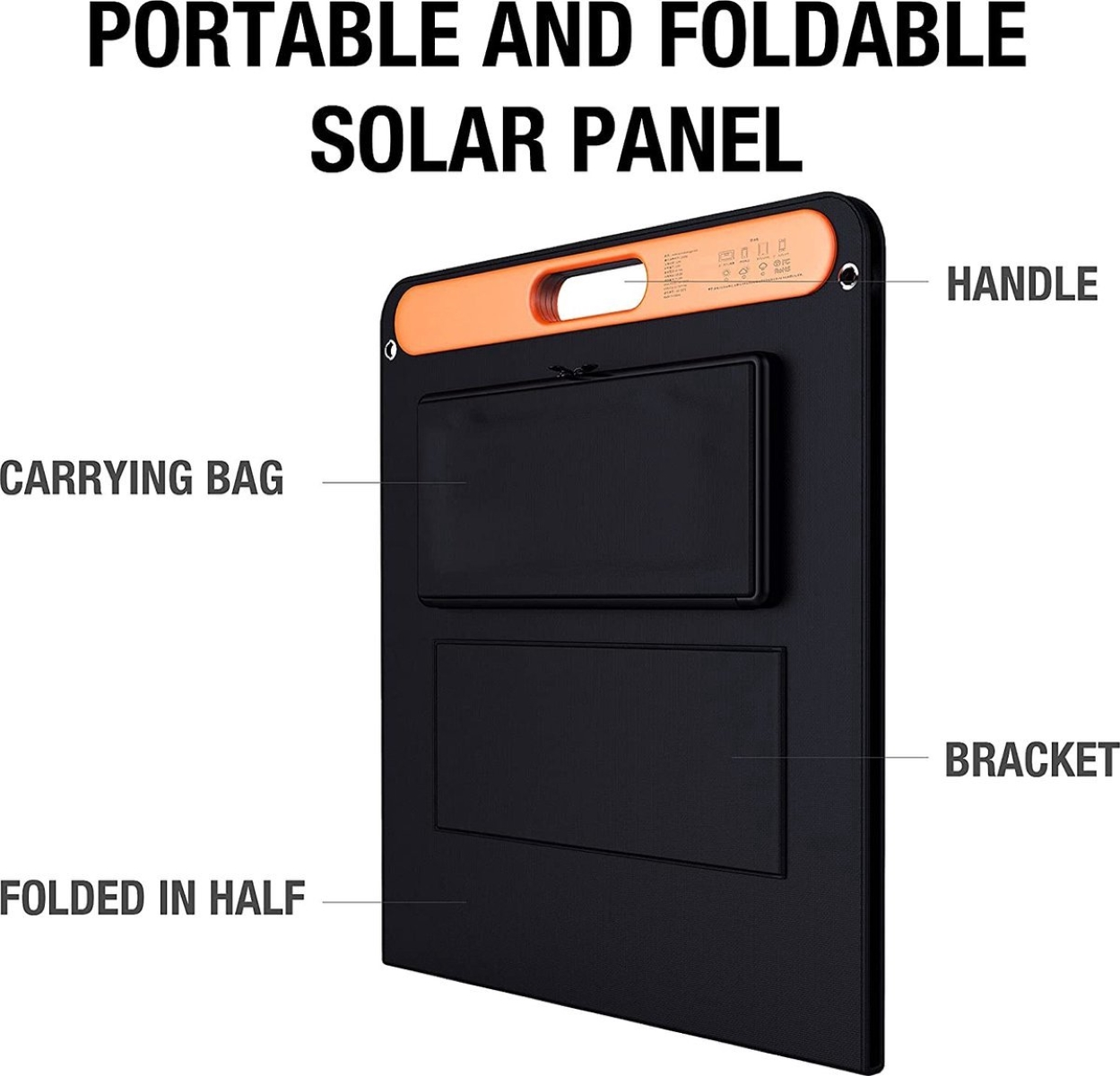 Pannello solare portatile e pieghevole nero e arancione con borsa per il trasporto.