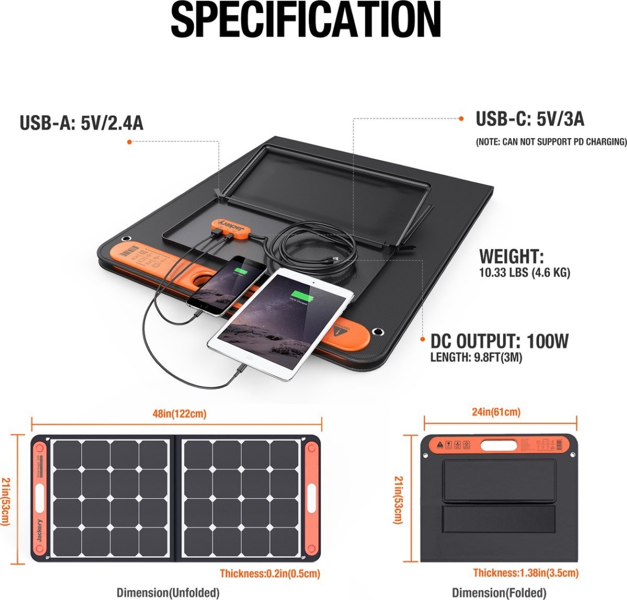 Pannello solare portatile nero con ricarica di telefoni e tablet. Dimensioni e specifiche.
