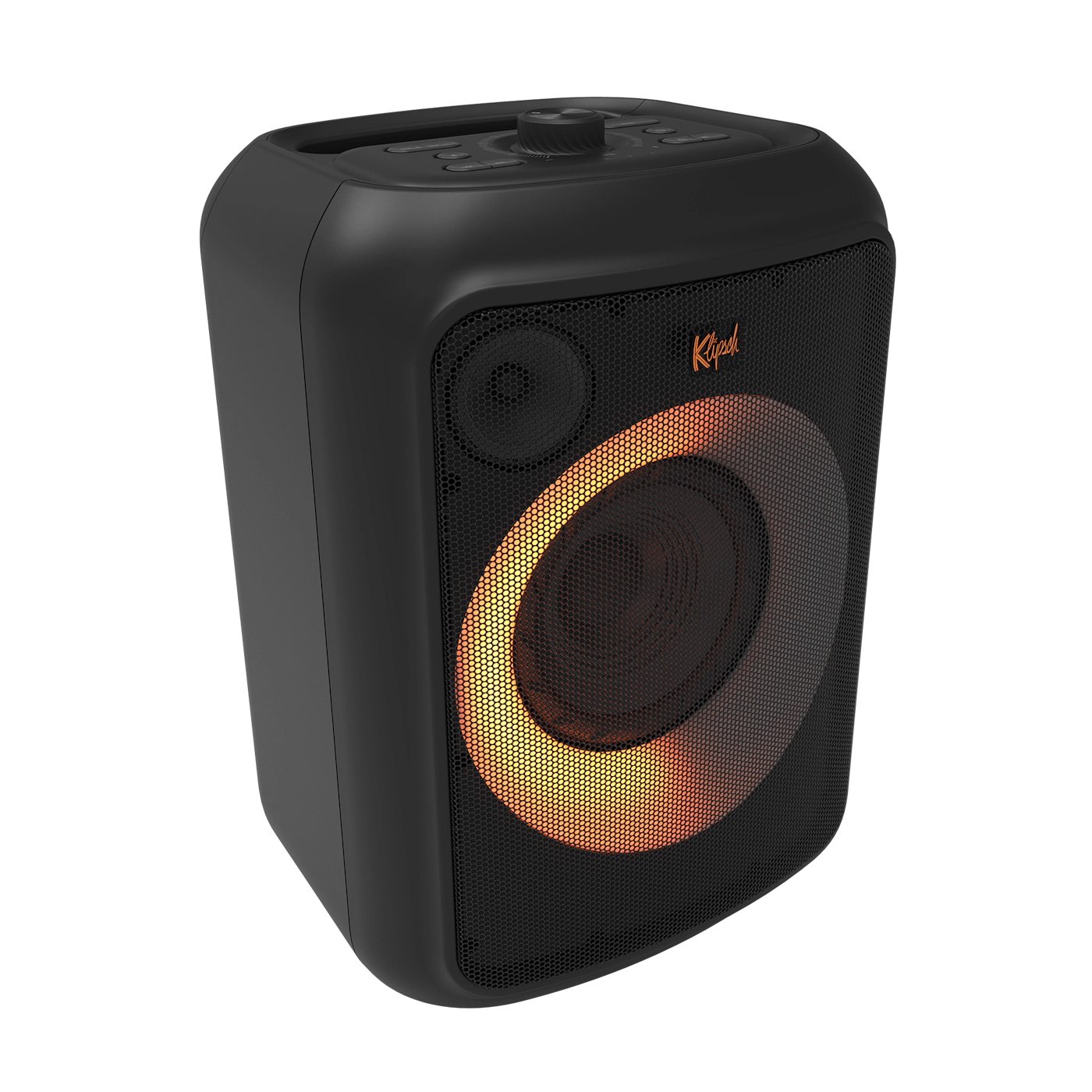 Black Klipsch speaker with a glowing orange ring around the speaker. It's on a black background.