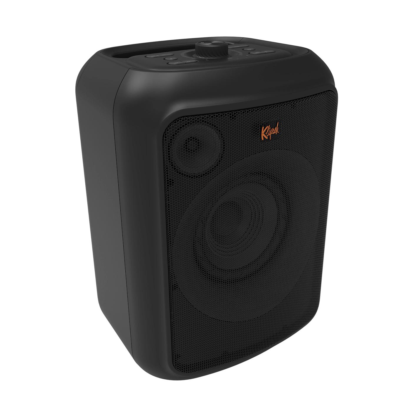 A black, boxy speaker with a mesh front. 'Klipsch' is written on the front.