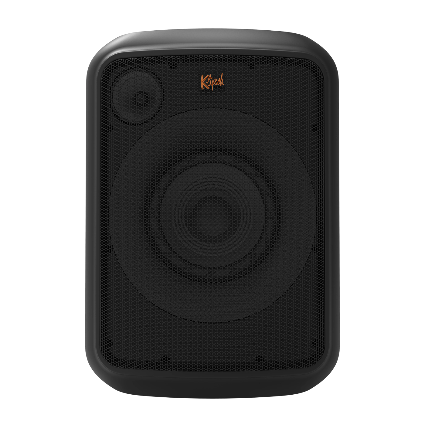 Black Klipsch speaker. Has a mesh front and a small speaker on top.