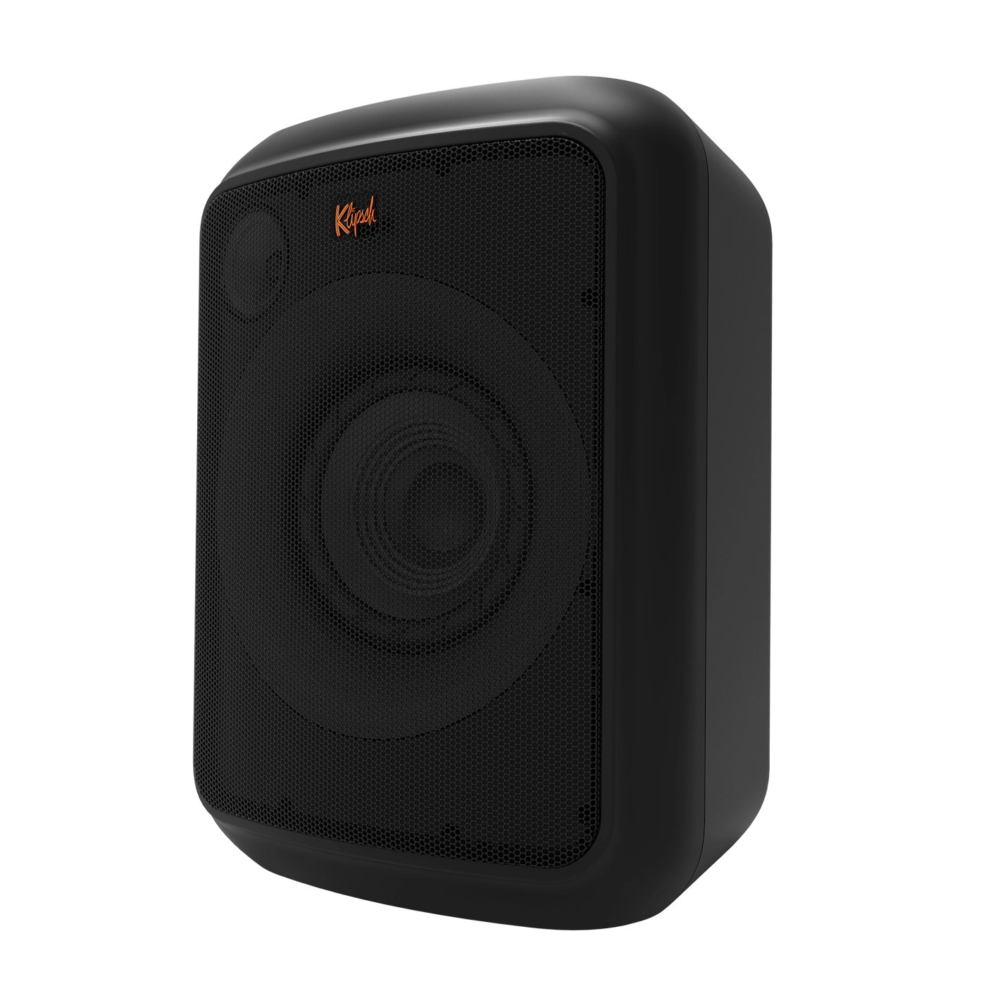 Black speaker with a mesh front and the Klipsch logo in orange.