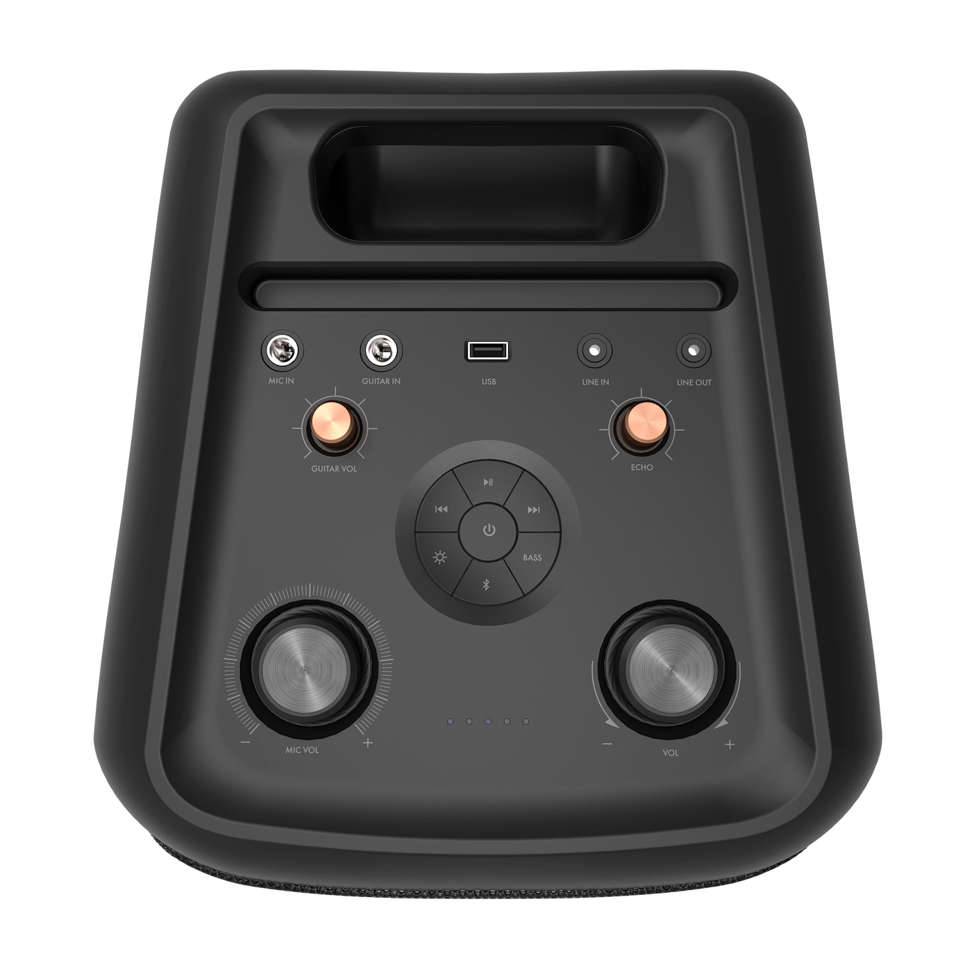 Altoparlante nero con pulsanti. I pulsanti includono vol. chitarra, usb e bassi.
