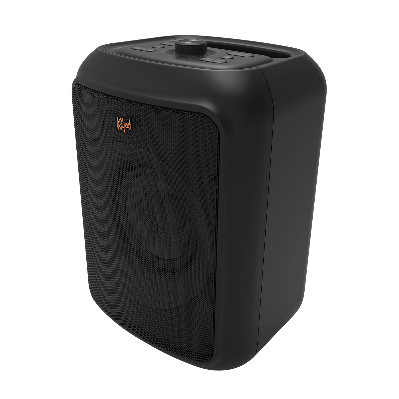 Black speaker with a mesh front, Klipsch logo, and control buttons on top.