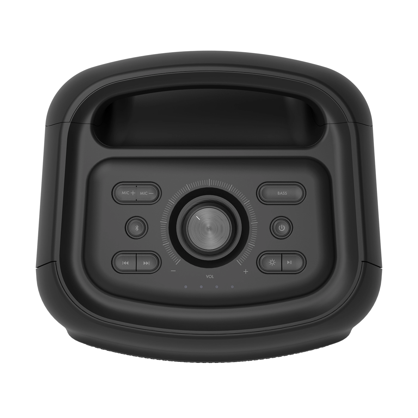 Black speaker with control panel, including buttons and a central volume control.