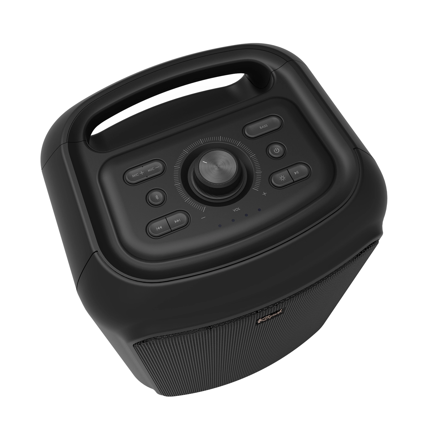 Black speaker with control panel on top. Handle and grille visible. Dark background.