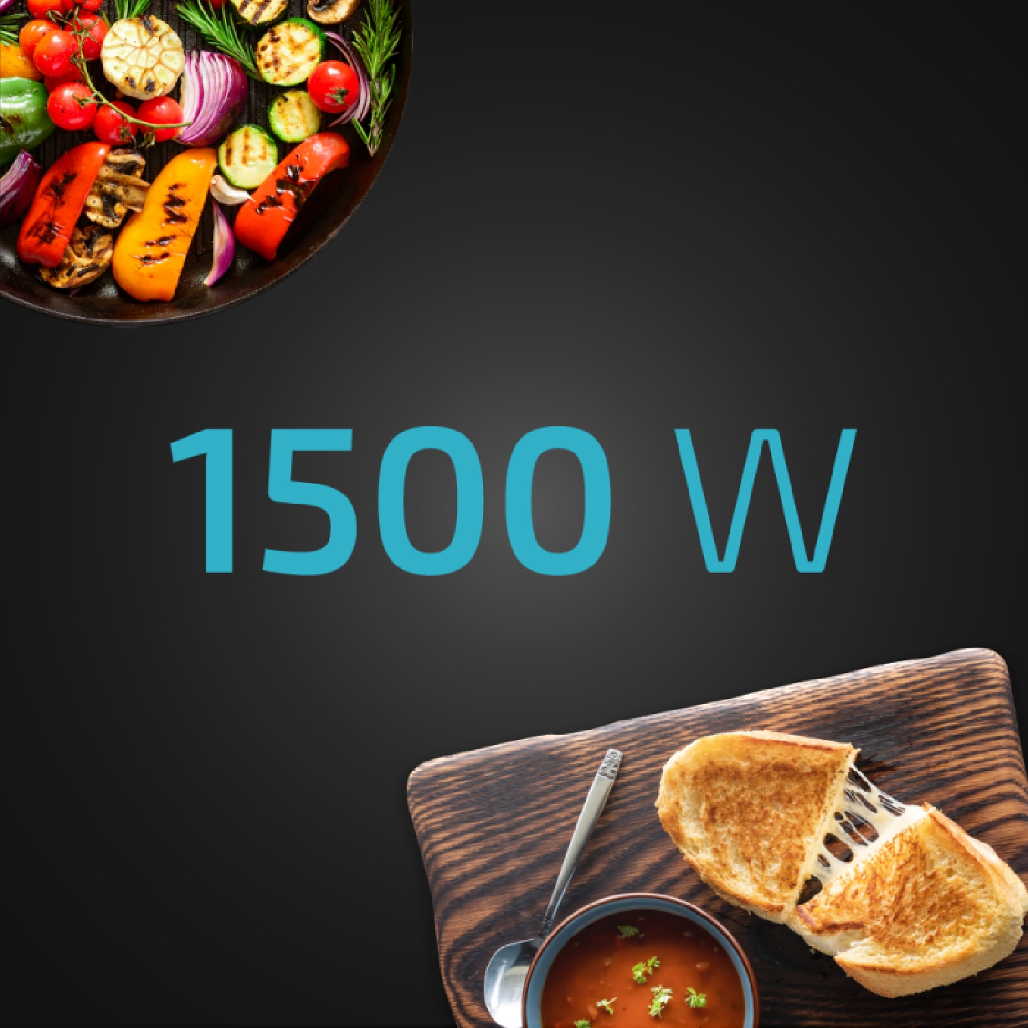 Sfondo nero con il testo "1500 W" in turchese, e una padella di cibo e toast.