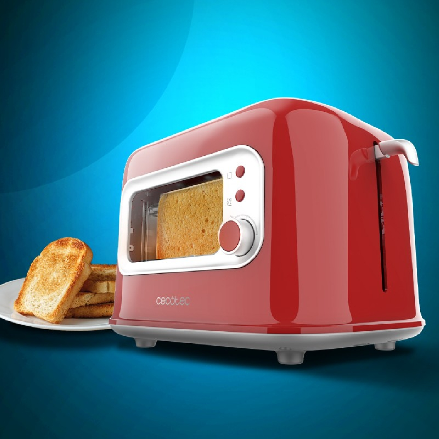 Un tostapane rosso con toast dentro e toast su un piatto.