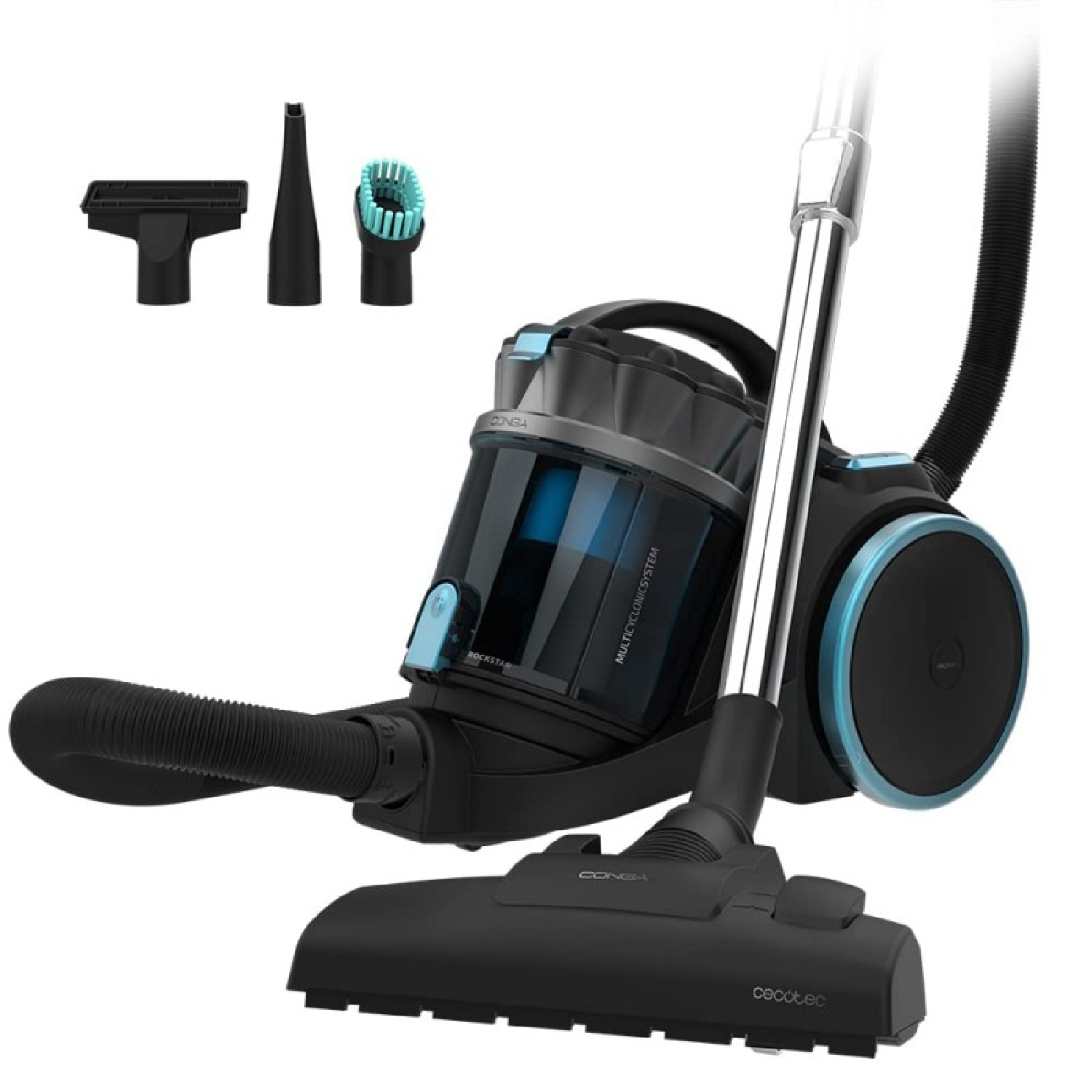 Czarny odkurzacz z niebieskimi detalami i przystawkami na białej powierzchni.