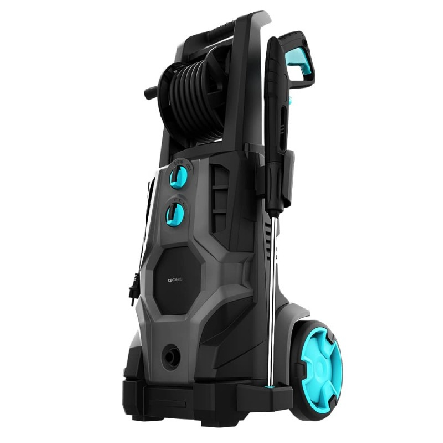Zwart-grijze hogedrukreiniger met een haspel en blauwe accenten. Het heeft een handvat en een waterpistool.