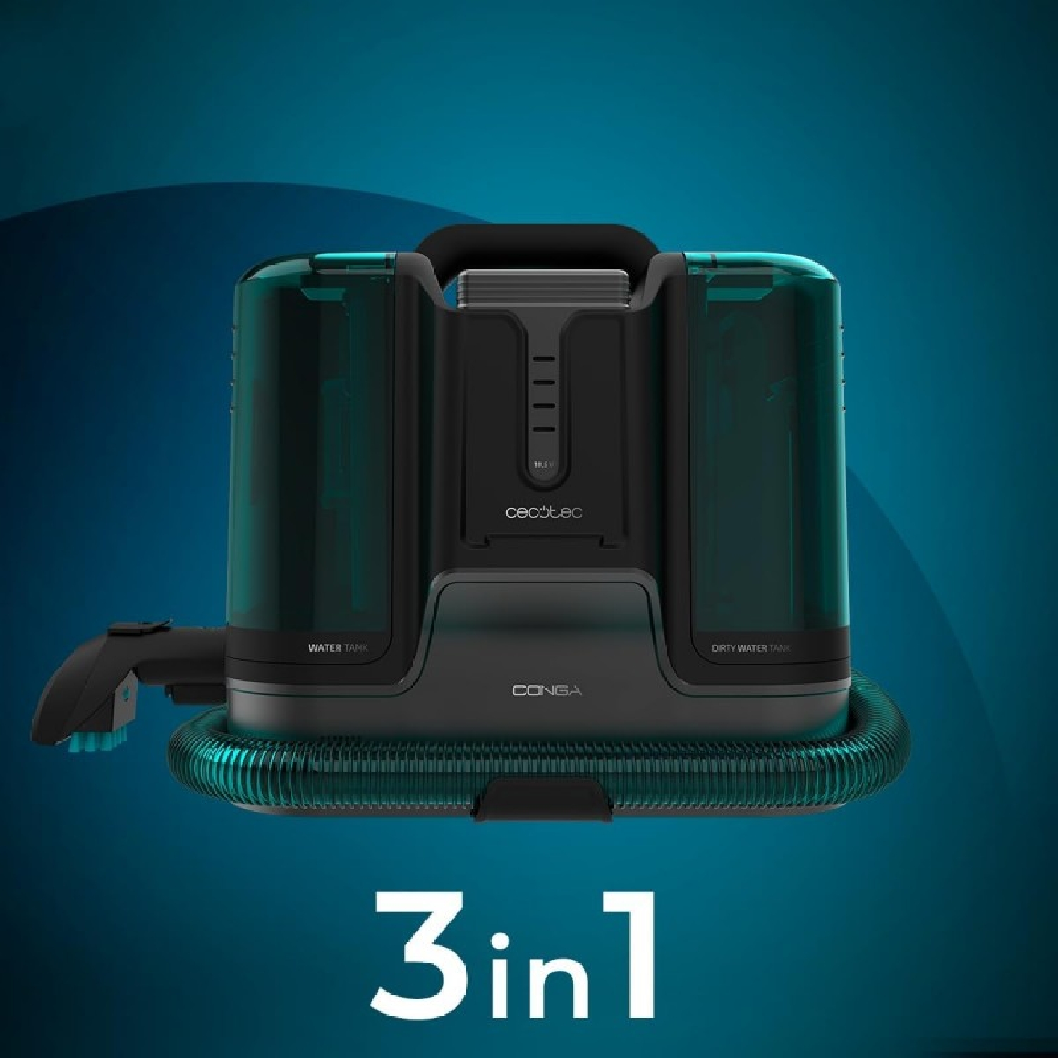 Dispositivo de limpieza 3 en 1, tanques de agua y agua sucia. Fondo azul, negro y turquesa.