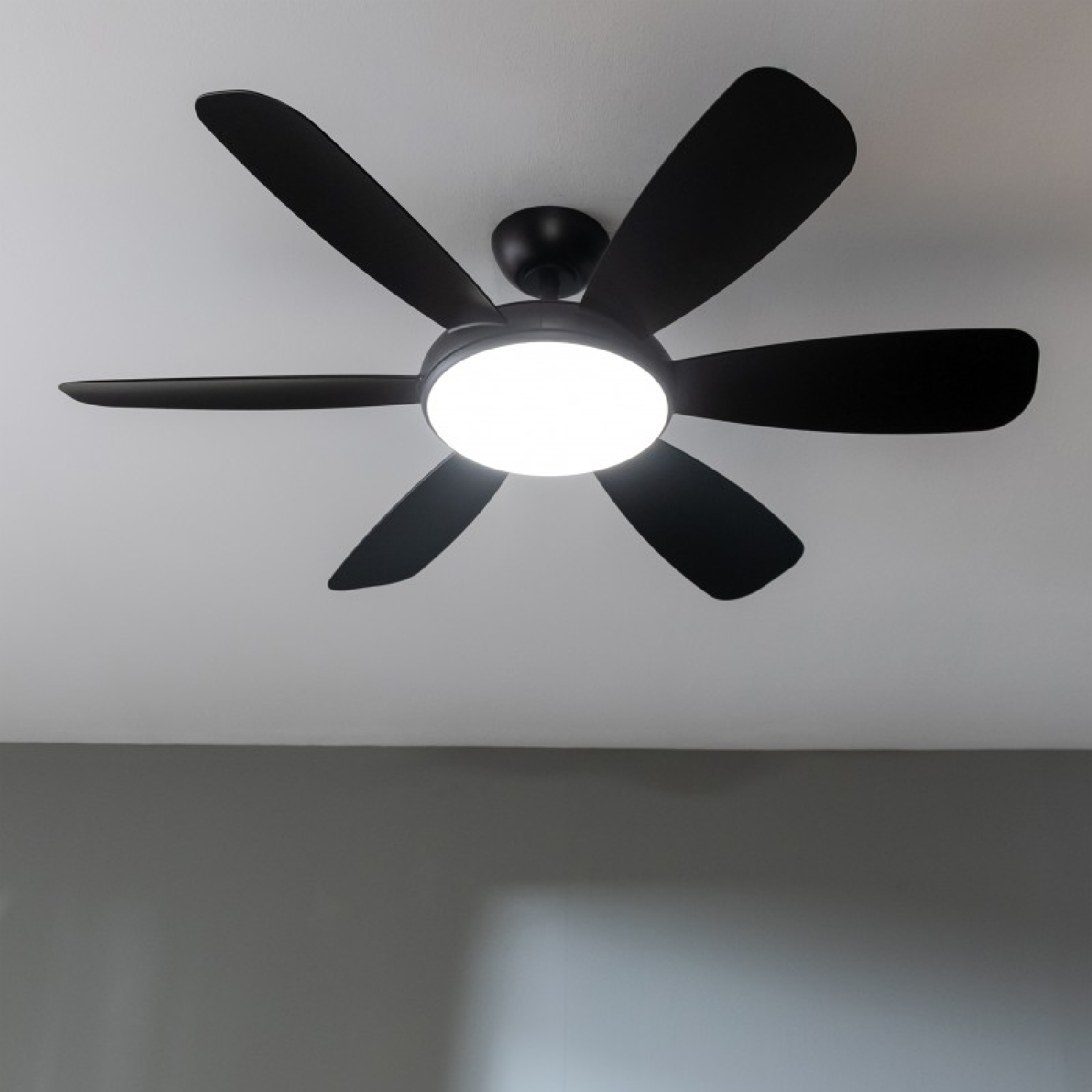 Un ventilatore a soffitto con sei pale nere e un'apparecchio di illuminazione centrale contro un soffitto bianco.