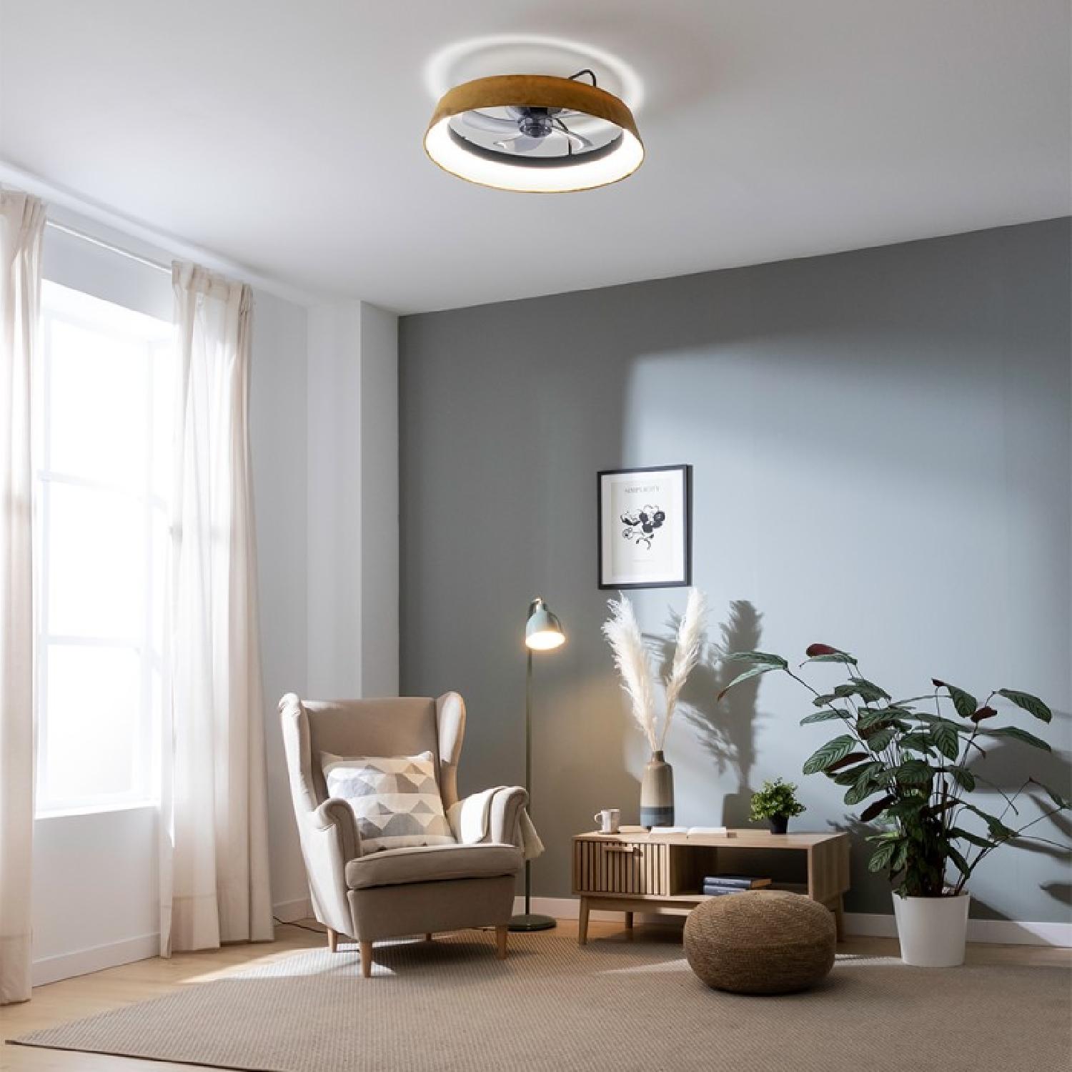 Una stanza con ventilatore a soffitto, poltrona e un mobile in legno con una pianta.