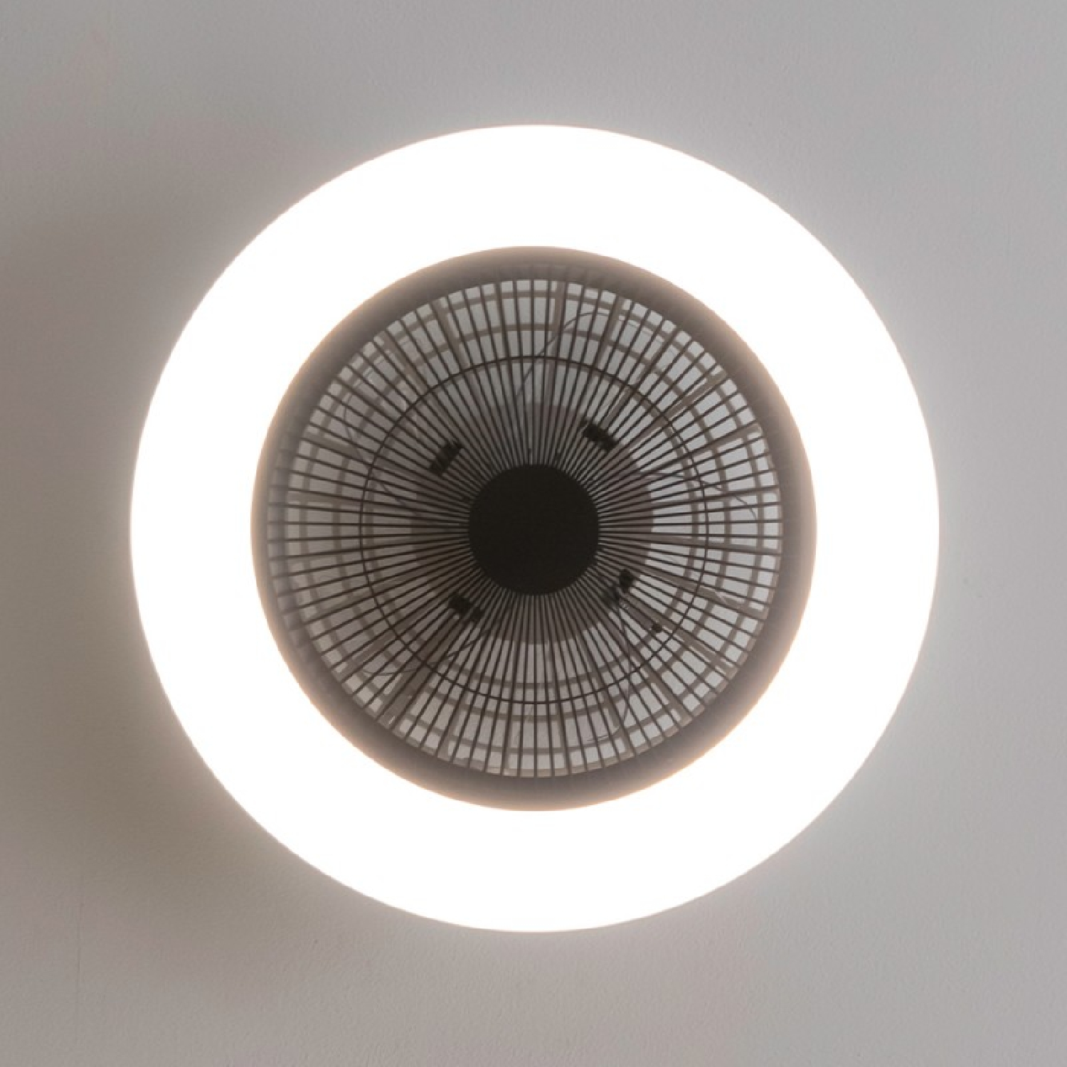 Un ventilador de techo con una luz circular. El ventilador tiene un centro negro y un anillo exterior blanco brillante.