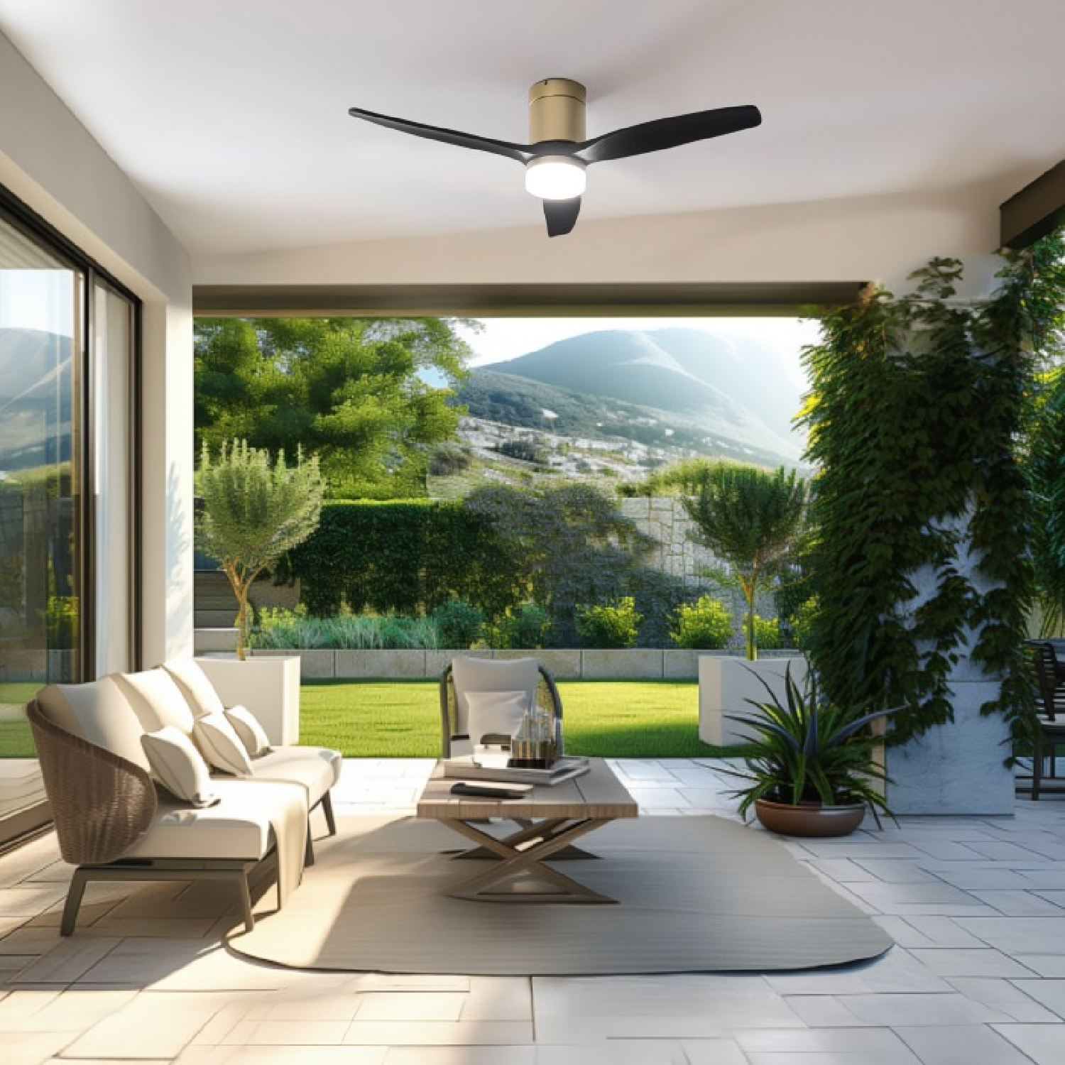 Scena di patio esterno con divano, tavolo, ventilatore a soffitto, piante e vista del paesaggio verde.