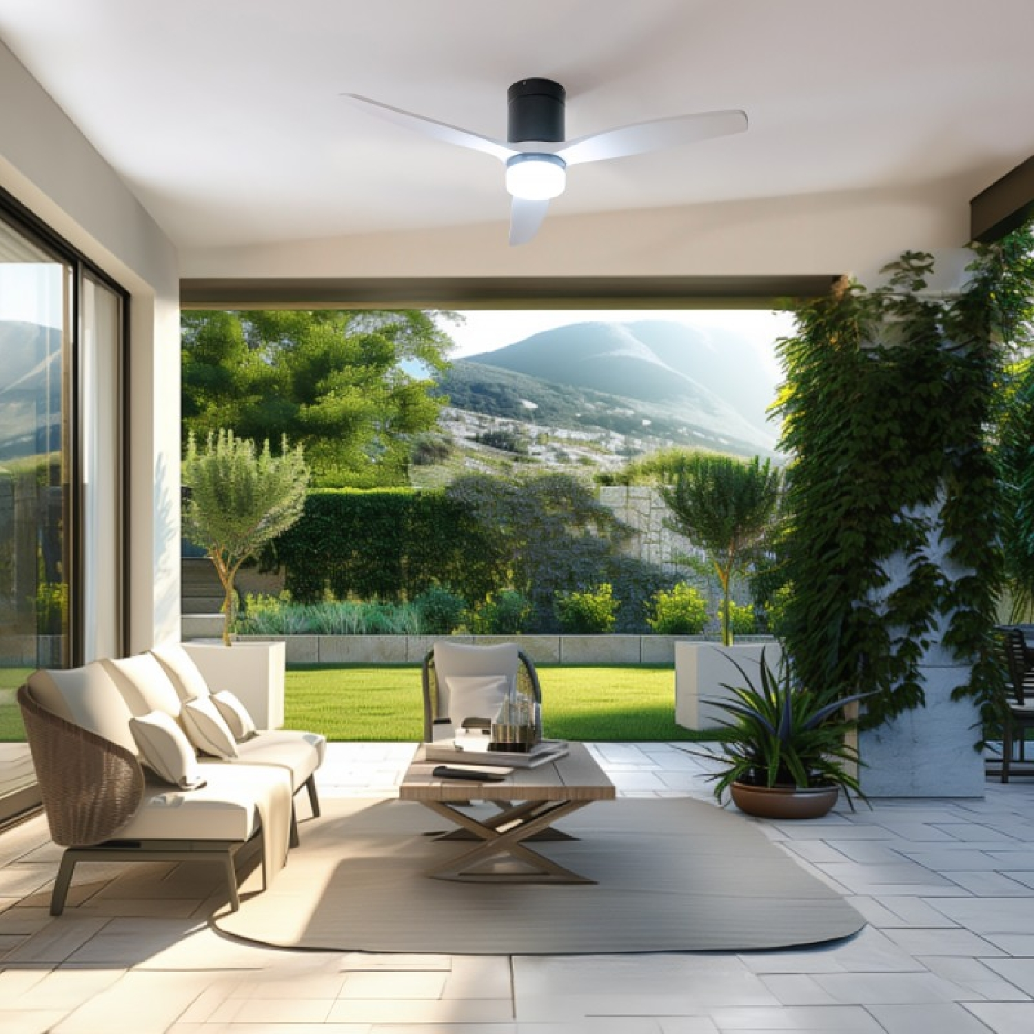 Terrasse mit Deckenventilator, Sofa, Tisch und Pflanzen. Bergkulisse, sonnig. Grüner Rasen, weiße Säulen.