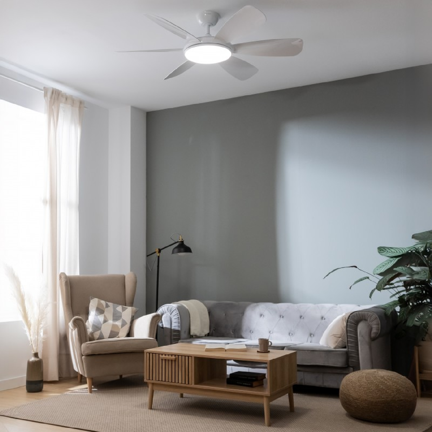 Una sala de estar con ventilador de techo, sofá y sillón. Luz natural a través de una ventana.