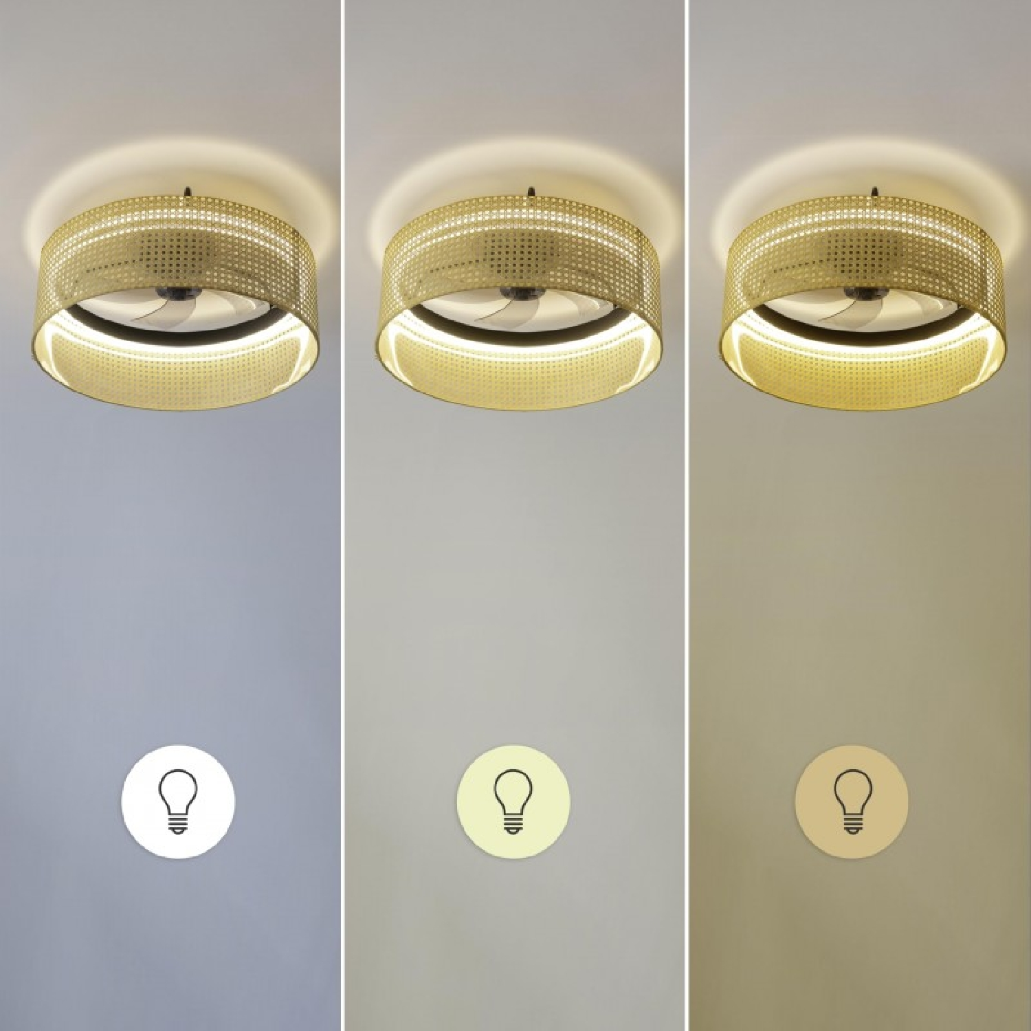 Tres imágenes de una luz de ventilador de techo con diferentes temperaturas de color. Cada una tiene un icono de bombilla.