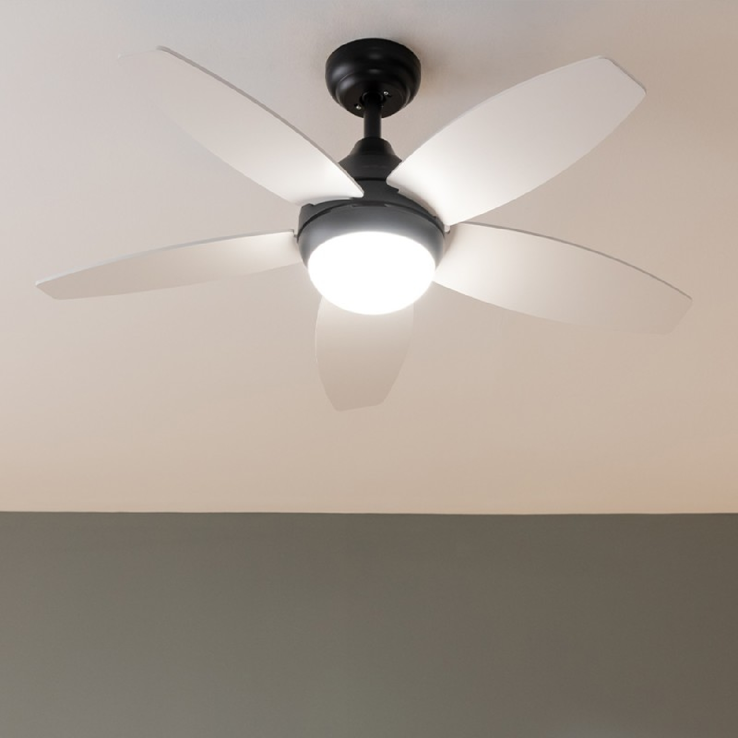 Zbliżenie na wentylator sufitowy, z białymi łopatkami i czarną obudową silnika.